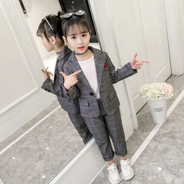 Shirts Mode Hochzeits Kinderanzug für Mädchen formelle Hose -Anzüge für Teenager 2pcs Blazer Set Marke Plaid Kinder Blazer 4 5 7 9 11 13t