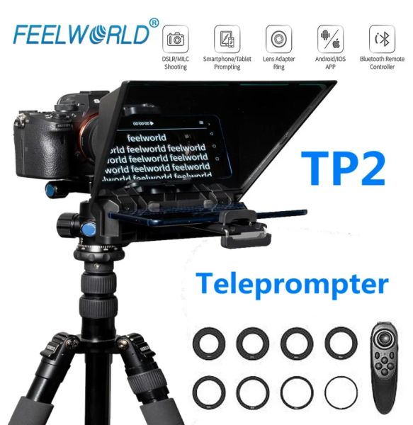 Filtros FeelWorld TP2 Teleprompter portátil para smartphone Tablet DSLR Câmera com anéis de adaptador de lente de controle remoto anéis