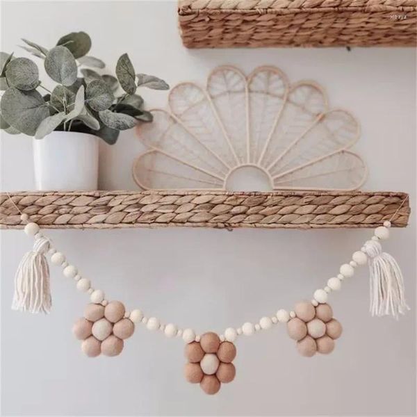 Figurine decorative in perle in legno fatte a mano Nordic Garland Felice Felice DECORAZIONE DELLA parete Bassella Boho Baby Kids Room Appedisci ornamenti