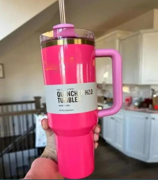 Desfile rosa do armazém dos EUA H2.0 copos de copos de aço inoxidável de 40 onças com maçaneta de silicone e canecas de carro de viagem continuam bebendo garrafas de água fria gg0424