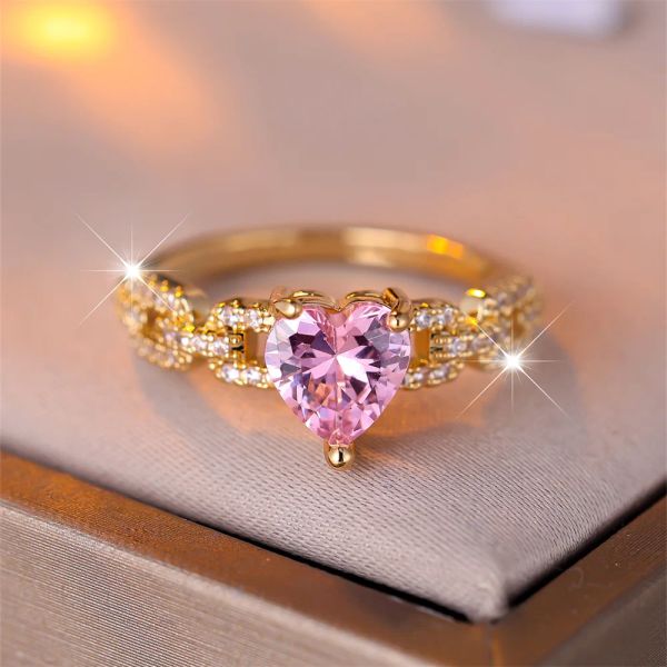 Bande eleganti anelli di pietra del cuore di cristallo rosa anelli di fidanzamento del cuore romantico per donne gravi a colori oro