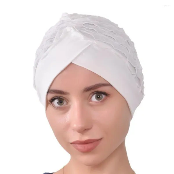 Eşarp Elastik Türban Kapağı Moda Fırfır Dantel Kafa Sargılar Lady Beanie Caps Düz Renkli Kadın Eşarp İslami