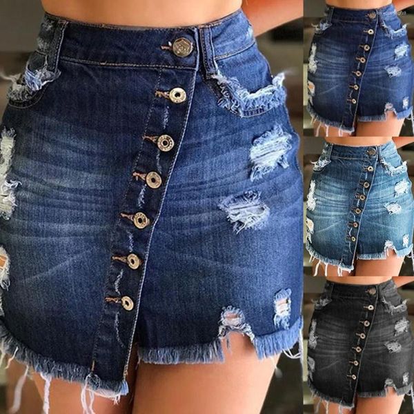 Saias 2024 Mulher de verão rasgada botão jeans curta moda moda sexy pacote moderno mini jeans s-3xl gota