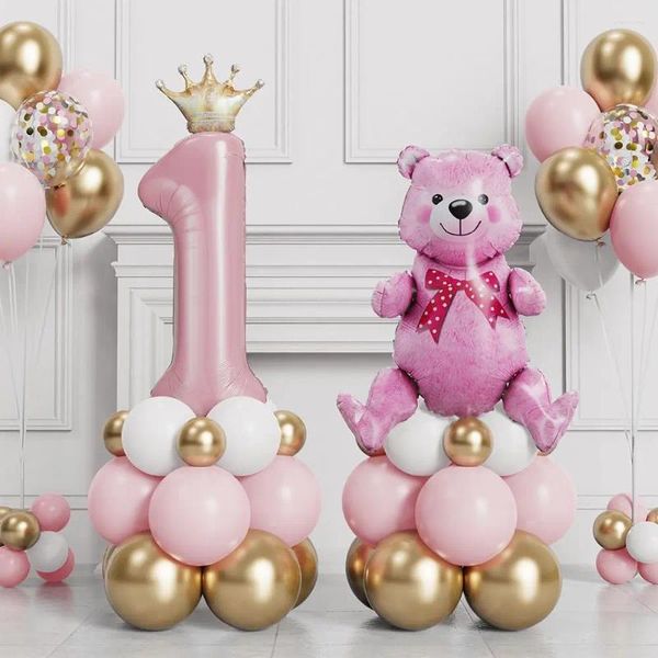 Parti Dekorasyonu 71pcs Erkek Kız Pembe Mavi Ayı Balonları Set 40inch Sayı 1 Çocuklar İçin Taç Balon İle 1. Doğum Günü Bebek Duş