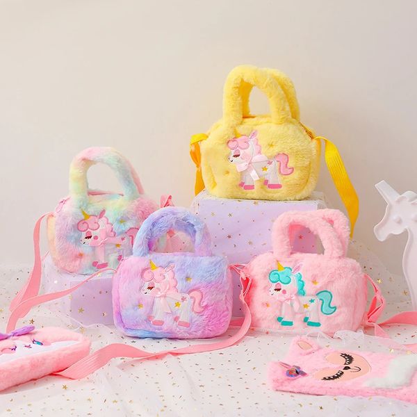 Kid Stickerei Einhorn Plüsch Crossbody -Geldbörsen und Handtaschen kleine Mädchen Regenbogen flauschige Geldbörse Süßes Cartoon Pelry Umhängetasche 240423