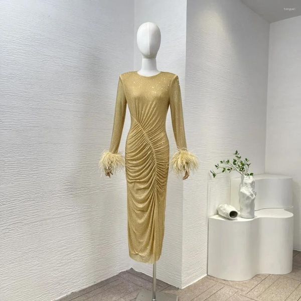 Lässige Kleider von höchster Qualität Frauen Kleidung 2024 Spring Golden Diamonds Falten Bodycon Midi