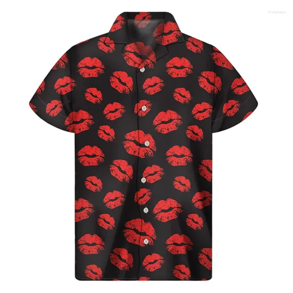 Herren lässige Hemden Mode rote Lippen 3D -bedruckte Hemd Männer Frauen Sommerurlaub lose kurze Ärmel Hawaiian Tee Button Lapel Aloha Bluse