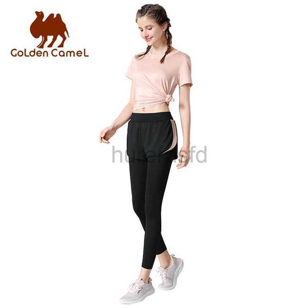 6HN9 Active Sets Golden Camel Women Suits Yoga T-Shirts Fitness Fitnessanzug Sommer 2023 Professionelle Sportbekleidung kurzärmelige Shorts Kleider 240424