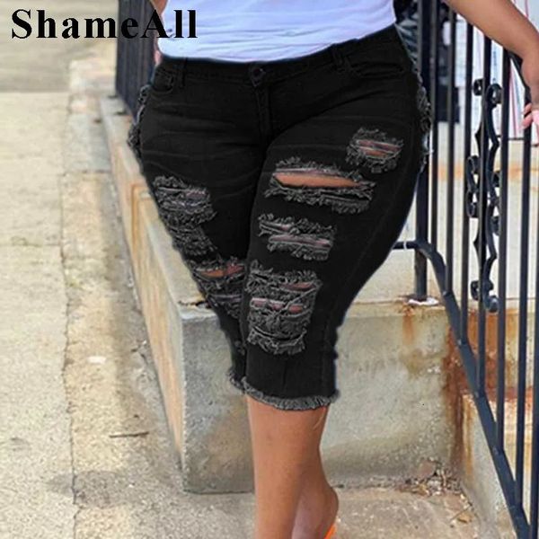 Frauen Plus Size Street Fringe Ripped Stretch Skinny Black Denim Shorts Summer Sexy Club Party High Tailled Short Jeans Hosen 240422