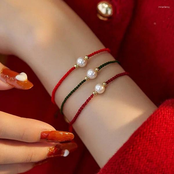 Bracelets de charme, corda vermelha de corda vermelha com pérolas de pérolas de comprimento Ajuste para jóias femininas