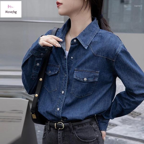 Frauenblusen 2024 Sommer -Hemden mit langem Ärmel Denim Stoff Festkörper -Reverskragen Koreanische Mode lose Obert