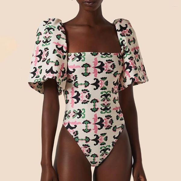 Swimwear femminile 2024 Woman Fashion One Piece Swimsuit Floral Stact Solle Square Square Neck Biquini High Waled Beach Wear