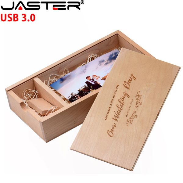 Drives Jaster USB 3.0 Фотоальбом USB Flash Drives 128 ГБ бесплатно пользовательский логотип Walnut Wood Drive Свадебная коробка Pendrive 64GB Photography