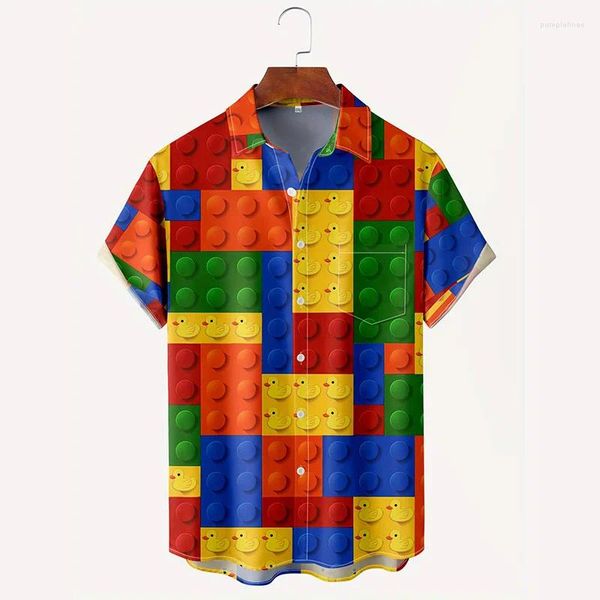 Camisas casuais masculinas blocos de construção 3D Blocks Graphic Print Sirt