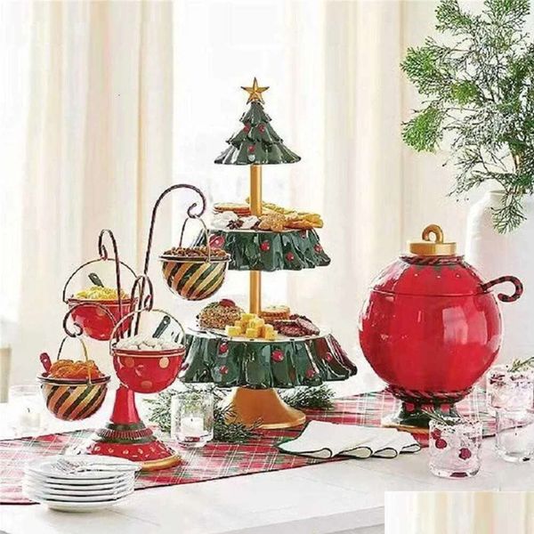 Noel Depolama Dekorasyonları Raf Tatlı Tablo Meyve Çift Katmanlı Kek Stand Şeker Plaka Snack Tepsisi Noel Dekor Kasesi H102 Dhizn