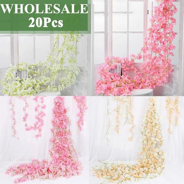 Flores decorativas por atacado 20pc 180cm Artificial Cherry Blossom Vine Fake Flower Plant Rattan Wall Holding Garland Home Garden Decoration