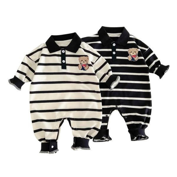 Tek parçalar Sonbahar Bebek Giysileri Kore Stripe Tulumları Kız Erkek Çocuklar İçin Sevimli Ayı Yenidoğan Romper Bebek Bodysuits Gevşek Yürümüş Giysileri