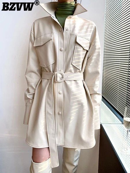 Frauen Trench Coats BZVW Frühling Herbst Trend Vintage Belt Windbreaker Mantel 2024 Temperament Büro Lady PU Lederjacke Frau 25x3011