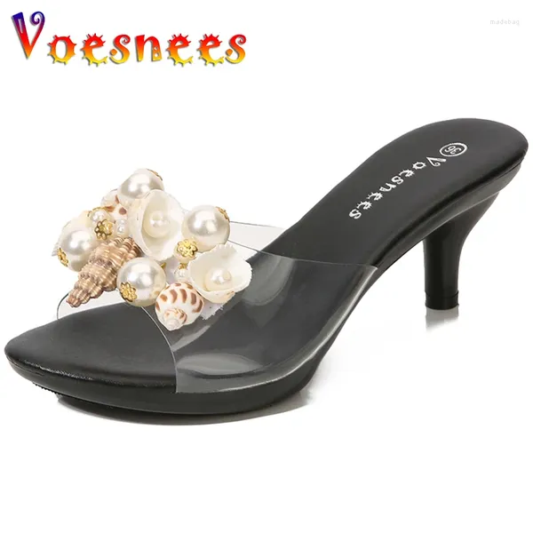 Pantofole decorazione conchiglia perla estate sandali trasparenti nightclub sottili tacchi alti adorabili cristallo da donna scarpe di grandi dimensioni