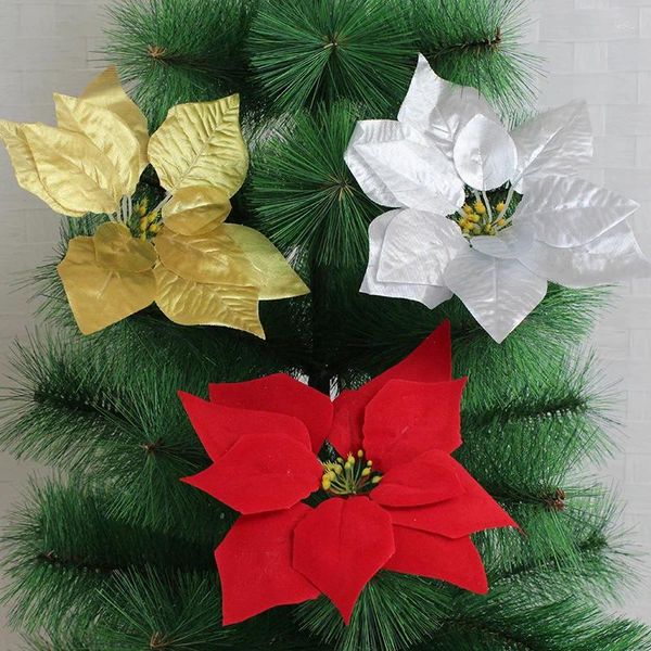 Dekoratif Çiçekler 22cm 50 Gümüş Altın Kırmızı Noel Ağacı Dekorasyon Çiçek Kafası Noel için Yapay Poinsettia