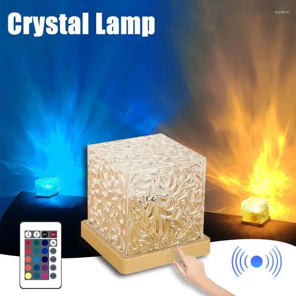Lâmpadas de mesa 3/16 cores dinâmicas de água giratória ondulação projector Night Light Flame Crystal Lamp para sala de estar Decoração de cabeceira do quarto