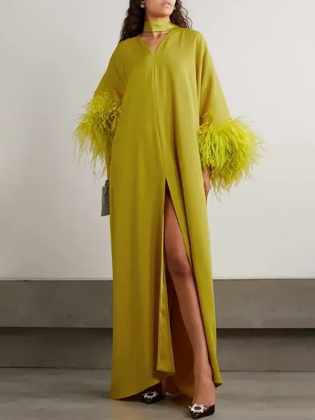 Lässige Kleider Freeacy Solid gelb elegantes Abendkleid für Frauen Herbst V-Ausschnitt Lange Fledermaushülle lose Maxikamen Damen