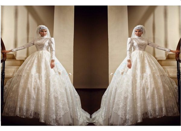 2021 Luxus muslimische Hochzeitskleider Ballkleid Langarm Spitze Applikationen langlange hohe Nacken bescheidene Dubai Brauthochzeitskleid A126191414