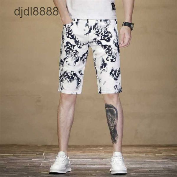 Summer Shin Denim per maschi White Digital Shadow Star Stampa elastico Slimt Fit Gamba 5/4 Shorts