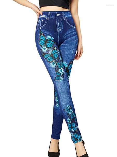 Leggings femininas jeans jeans de jeans sexy floral elástico jeggings esticar calças finas casuais macias fitness cistas altas perneiras