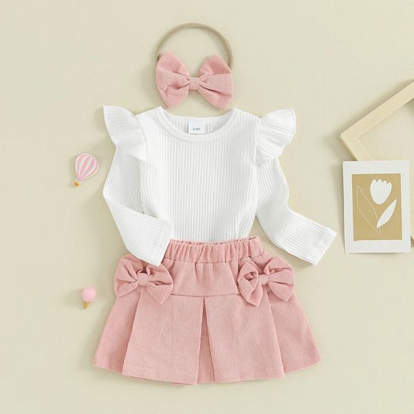 Setler sevimli tatlı yeni doğan kız bebek etek kıyafetleri bahar sonbahar çocuk kıyafetleri uçan kollu kollar üstleri kadife mini etek kafa bandı seti