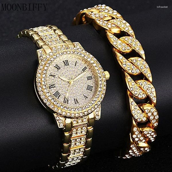 Relógios de pulso 1/2pcs Luxo Mulheres Diamante relógios Hip Hop Bracelets Ladies Quartz Watch Rose Gold Gold Womens Wristwatch Crystal brilhante