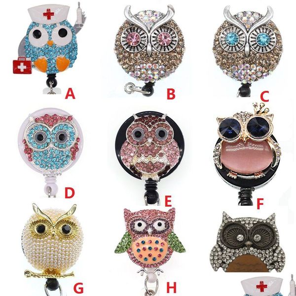 Tecla anéis de chave fofa coruja animal strass strass suporte de identificação retrátil para enfermeiro Nome Acessórios Belge Reel com Alligator Clip Drop Delivery JE DHXSM