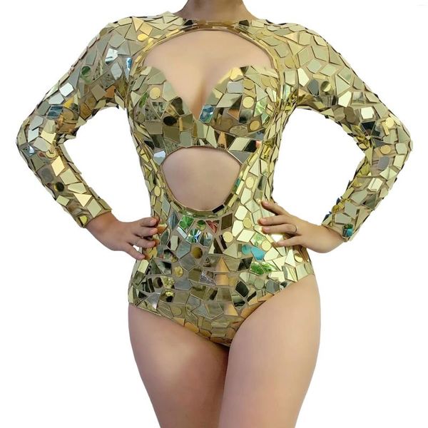 Bühnenbekleidungsteam -Tanzkostüm Gold Pailletten Hollow Leotard Rave Outfit Nachtclub Performance sexy Silber Mirror Bodysuit