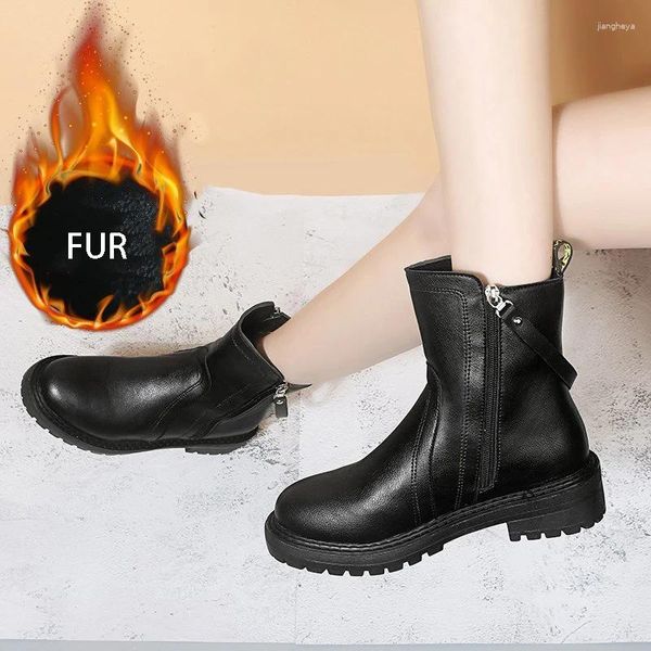 Botas de inverno tornozelo de neve feminino plataforma de salto quadrado baixo sola de borracha de borracha de costura de costura preta clássica feminina feminina