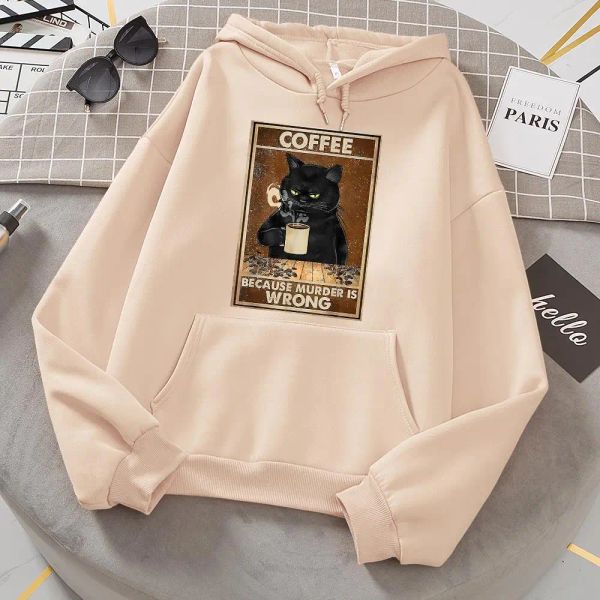 Sweatshirts, weil Mord falsch ist, schwarze Katze trinken Kaffee Frau Sweatshirts Herbst Fleece Hoodies Weich übergroße Hoodie Street Streetwear