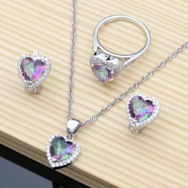 Collane cuore mistico arcobaleno zircone 925 gioielli in argento sterling set per le donne accessori per gli accessori per matrimoni/pendente/collana/anelli
