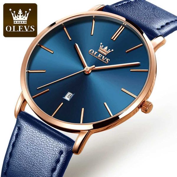 Armbanduhr Neu in Olevs Quartz Watch for Men Ultra dünn 6,5 mm minimalistischer Wasserdatum Bussiness Uhr Fashion Ledergurt Herren Uhr 240423