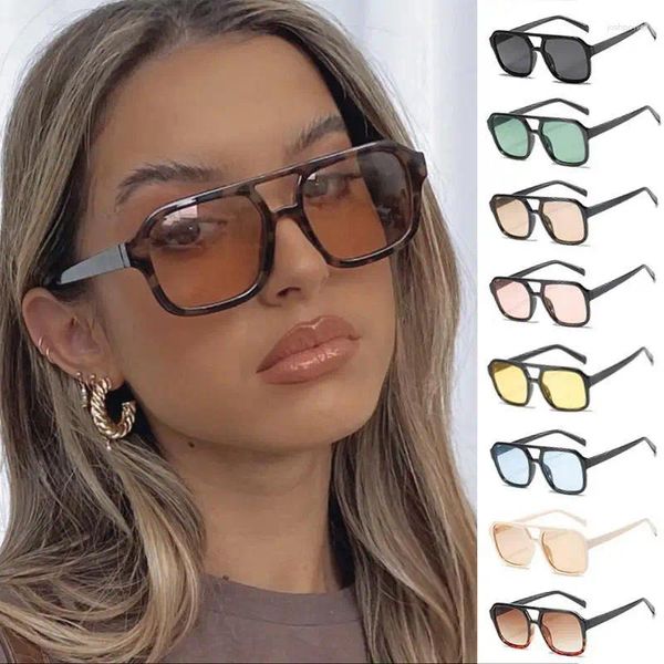 Óculos de sol 2024 Bridge Double Square Women Women Vintage Brand Designer Men Sun Glasses Shades Feminino Exagerado Oversize