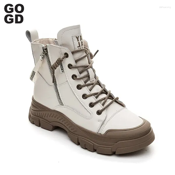 Sapatos casuais gogd moda feminina tênis 2024 plataforma genuína boots de couro com zíper para cima Lace Up Woman Comfort Walking Designer
