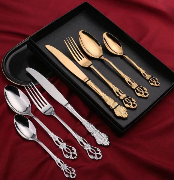 4pcsset Golden Set Set da tavolo vintage Set di tavoli da tavolo set di forcine cucchiaino cucchiaino posate in acciaio inossidabile oro.