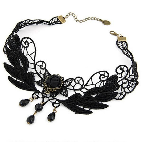 Halskette 1PC Gothic Jewelry Falschkragen Statement Halskette Frauen Stil schwarzer Stoff Rose Blume Perlen Anhänger Choker Spitzen Halskette