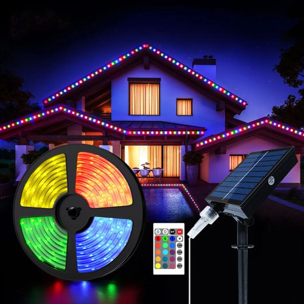 Tiras 5050 RGB Solar Strip Outdoor Led Color Decorative String Light 5m 10m Street Garden Garden de Natal à prova d'água Atmosfera de Natal Luz.