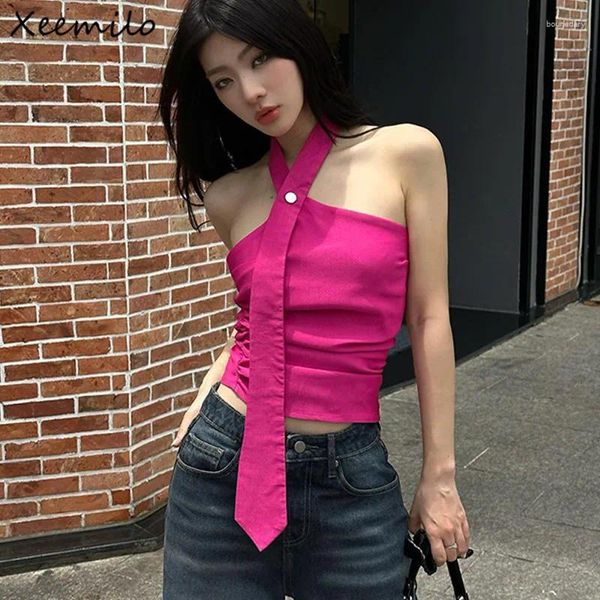 Tanques femininos xeemilo y2k rosa halter tank tampo superior estético streetwear modela sem mangas backless tops de moda coreana fora de ombro slim colete