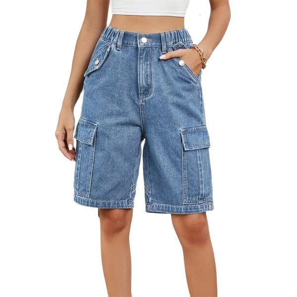 Summer Fashion Euro-American Blue Cowboy Bowboy Botches Women Wash Waist Elastic Band Pocked Benim Cargo Shorts 240418