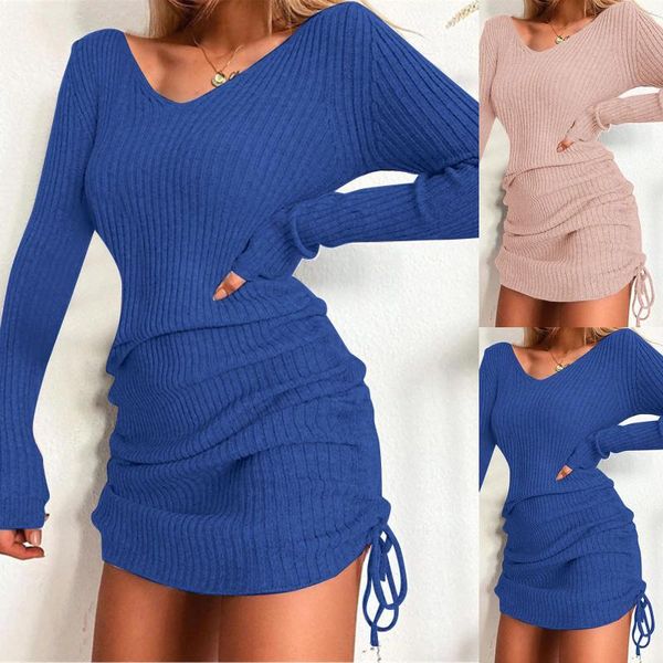 Lässige Kleider für Frauen plus Größe V Hals Langarm Slim Fit Hip Lift Kleid warmer Pullover Frauen Vestidos