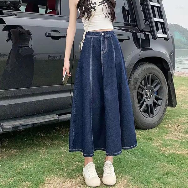 Saias da cintura elástica Salia de jeans retro coreana Mulheres A-Line Auxual Casual Summer Summer Design Sense Pleed Sweet Loose Dress