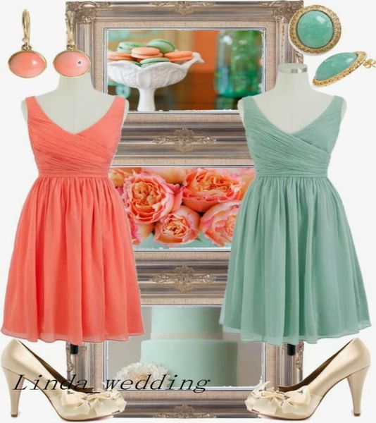 Vestidos de dama de honra do Seafoam e Coral Imagem Real Chiffon Short Beach Garden Madden Honor Gowns Vestido de festa de casamento5161637