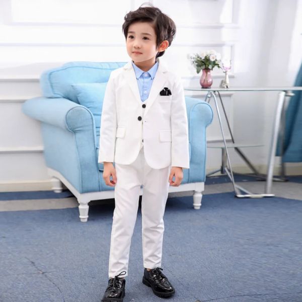 Tees Flower Boys Terno de casamento Branco Crianças Festa do baptismo Tuxedo Dress Day do Dia das Crianças Costume de Performance Pinao