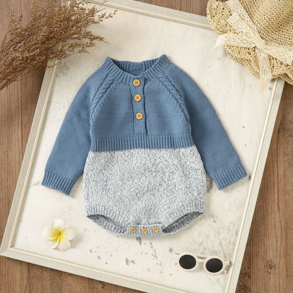 One-Pieces Winter Neugeborene Strickkleidung Baby Girls Jungen Puller ROMPERS Weiche Langarmkontrast Farbe Button Häkeln für Säuglingsanzug