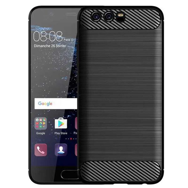 Casos de textura escovados para celular para huawei p10 casos de silicone para p10 huawey fibra de fibra de carbono de luxo tampa tpu macia 240423